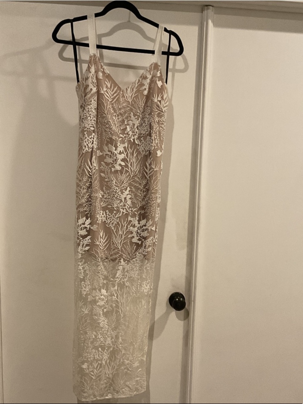 Marciano Nude Lace Overlay Maxi Dress with White Floral Embroidery